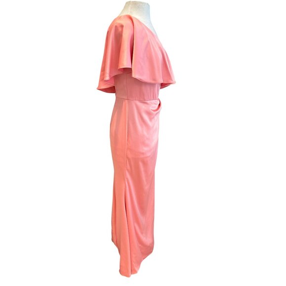 Theia One-Shoulder Coral Maxi Dress W/Ruffle Detail Womens Size 8 Polyester Blen - Picture 4 of 11